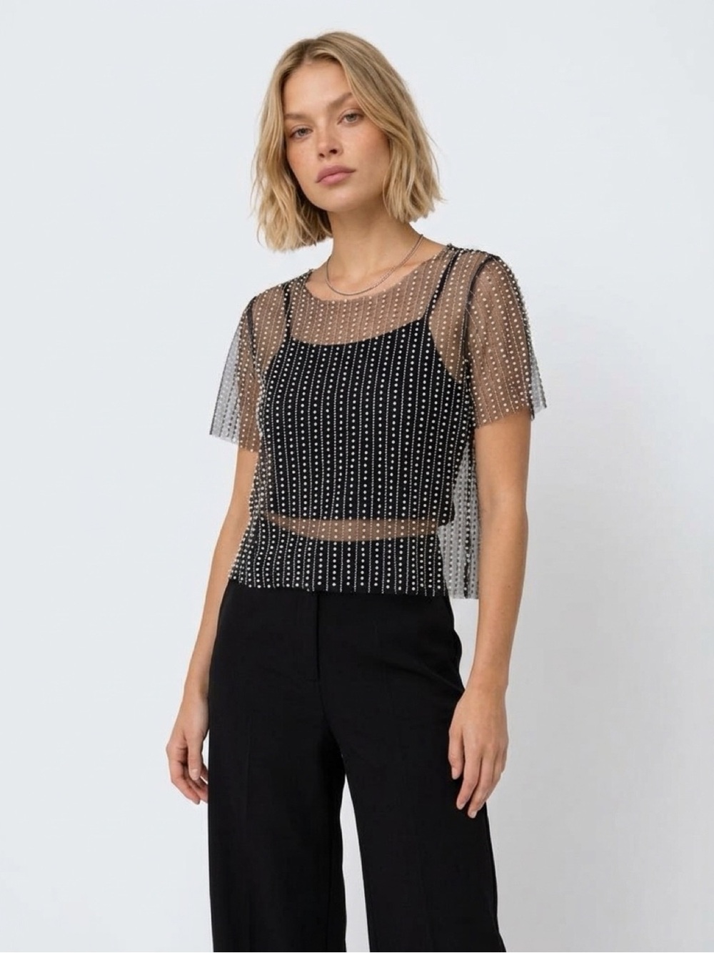 Sheer Black Bead-Embellished Short Sleeve Top